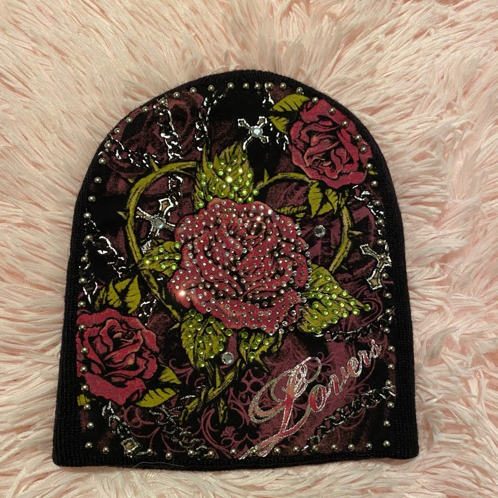 Ladies black floral knit hat with rhinestones.